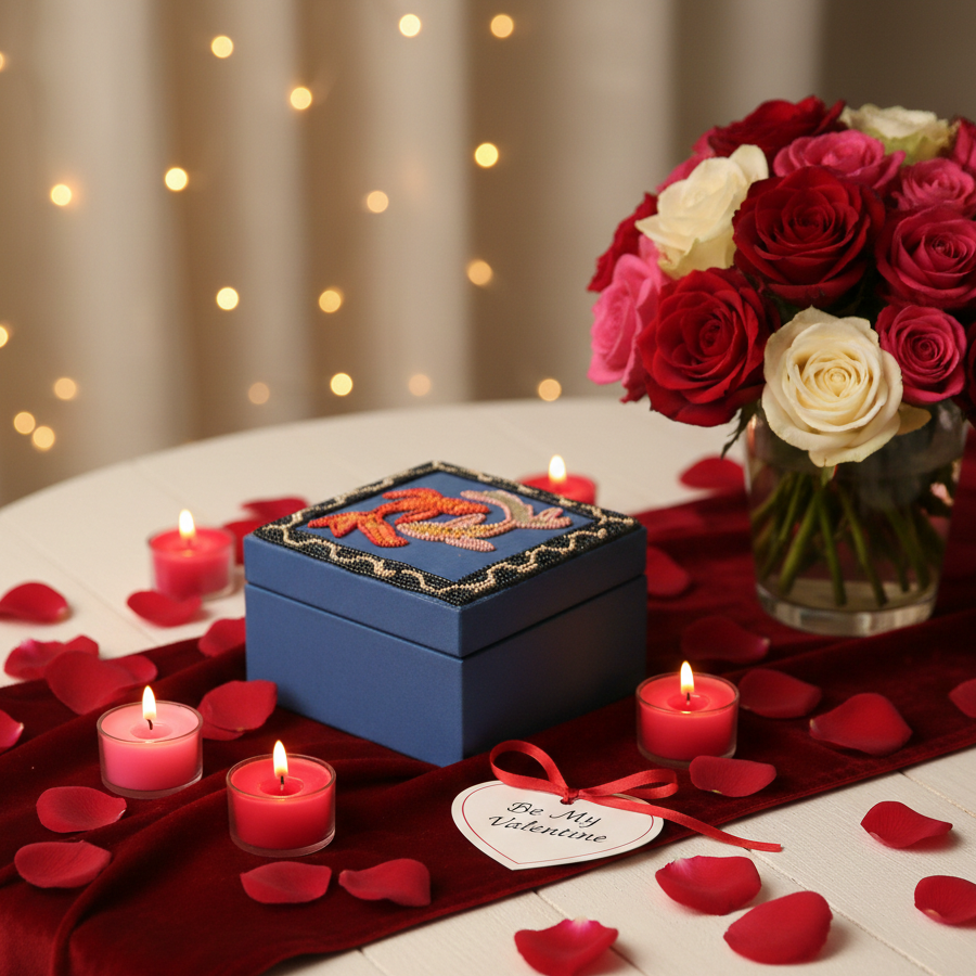 Decorative table setting with blue jewelry box, red and white roses, candles, and rose petals on a blurred lights background. 