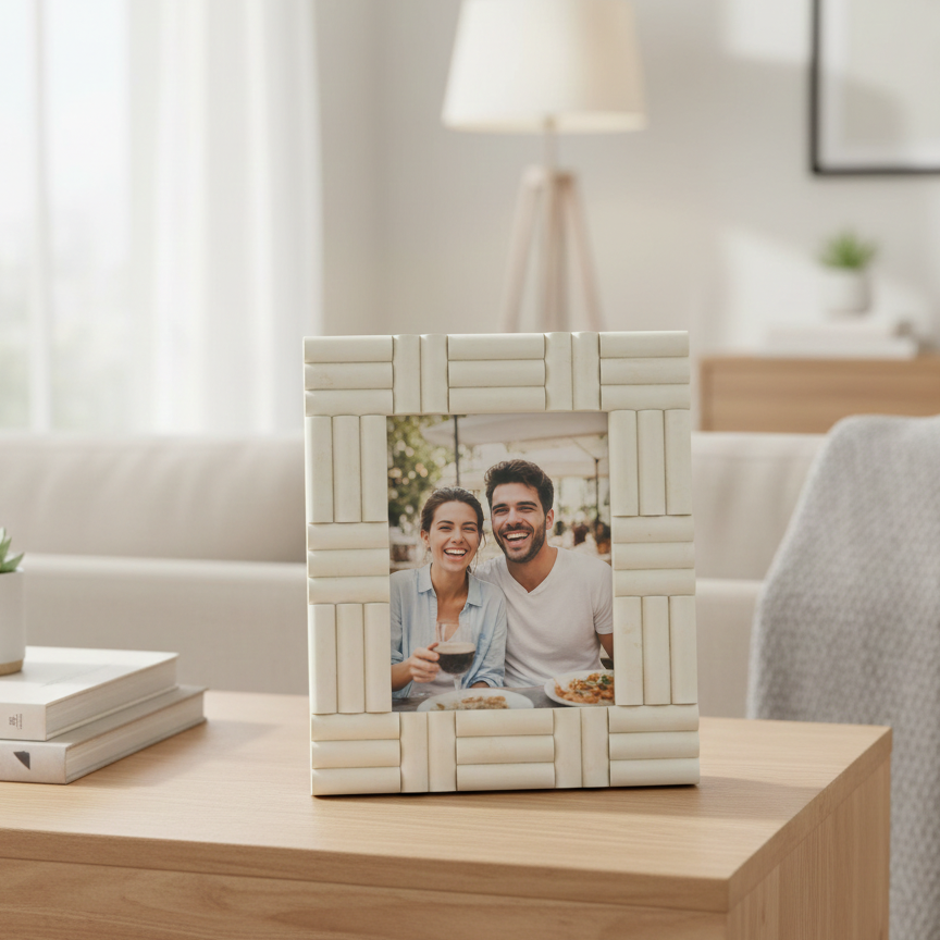  Decorative photo frame on a coffee table with a couple's photo inside, in a living room setting. 