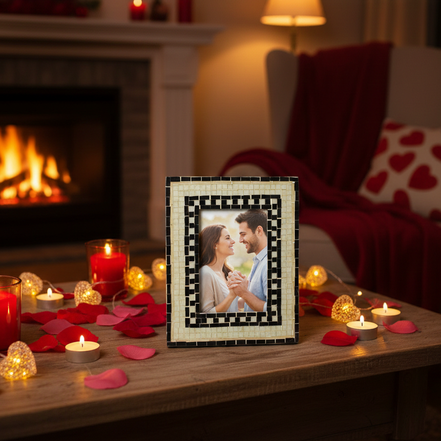  Decorative photo frame with a couple's picture on a table with candles and rose petals, fireplace in the background. 