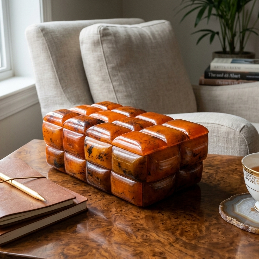  Decorative orange box on a wooden table with a notebook and teacup in a cozy room. 