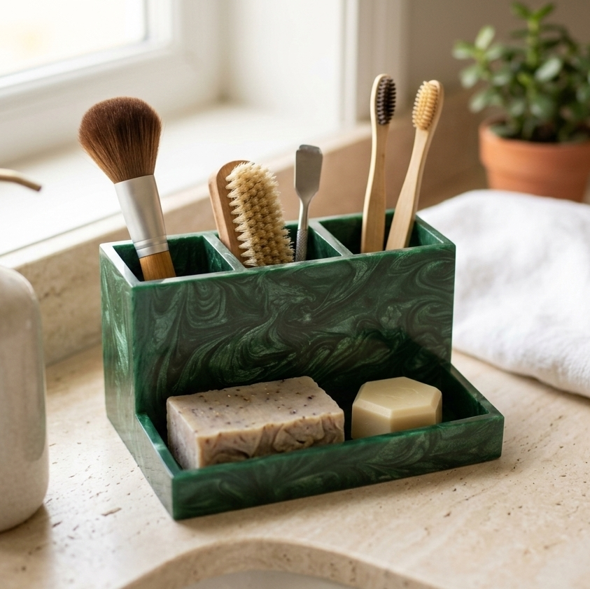  Green marbleized holder with brushes, soap, and a soap dispenser on a bathroom counter. 