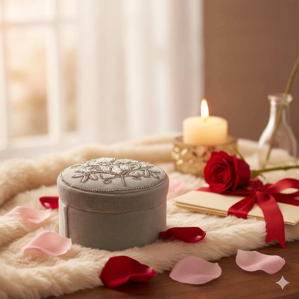  Hand-Beaded Floral Velvet Jewelry Box â€“ Dove Grey & Silver 