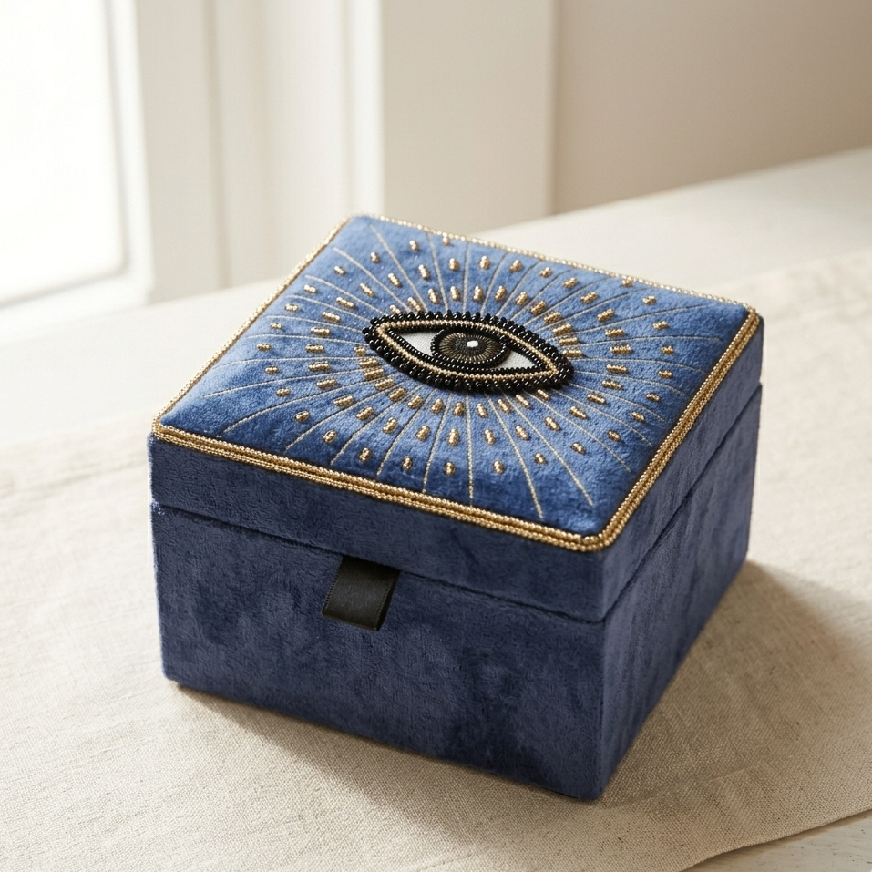 Hand-Beaded Evil Eye Velvet Jewellery Box