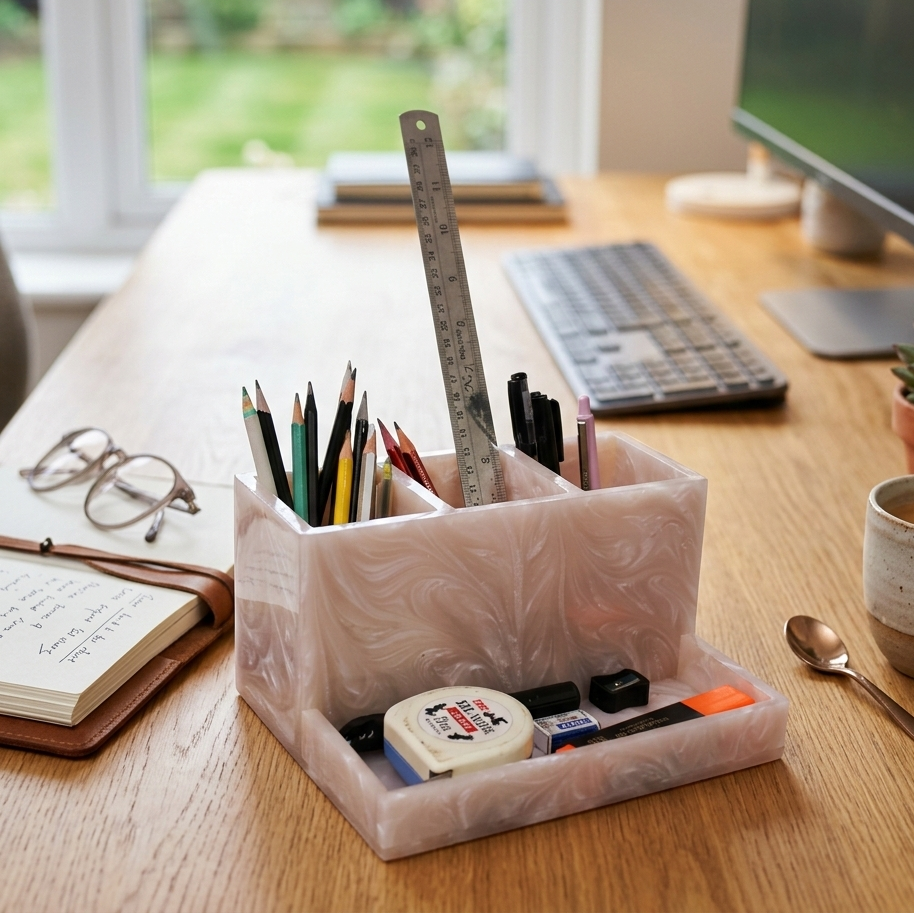  Desk setup with a pen holder containing stationery items, a computer, and a cup of coffee. 