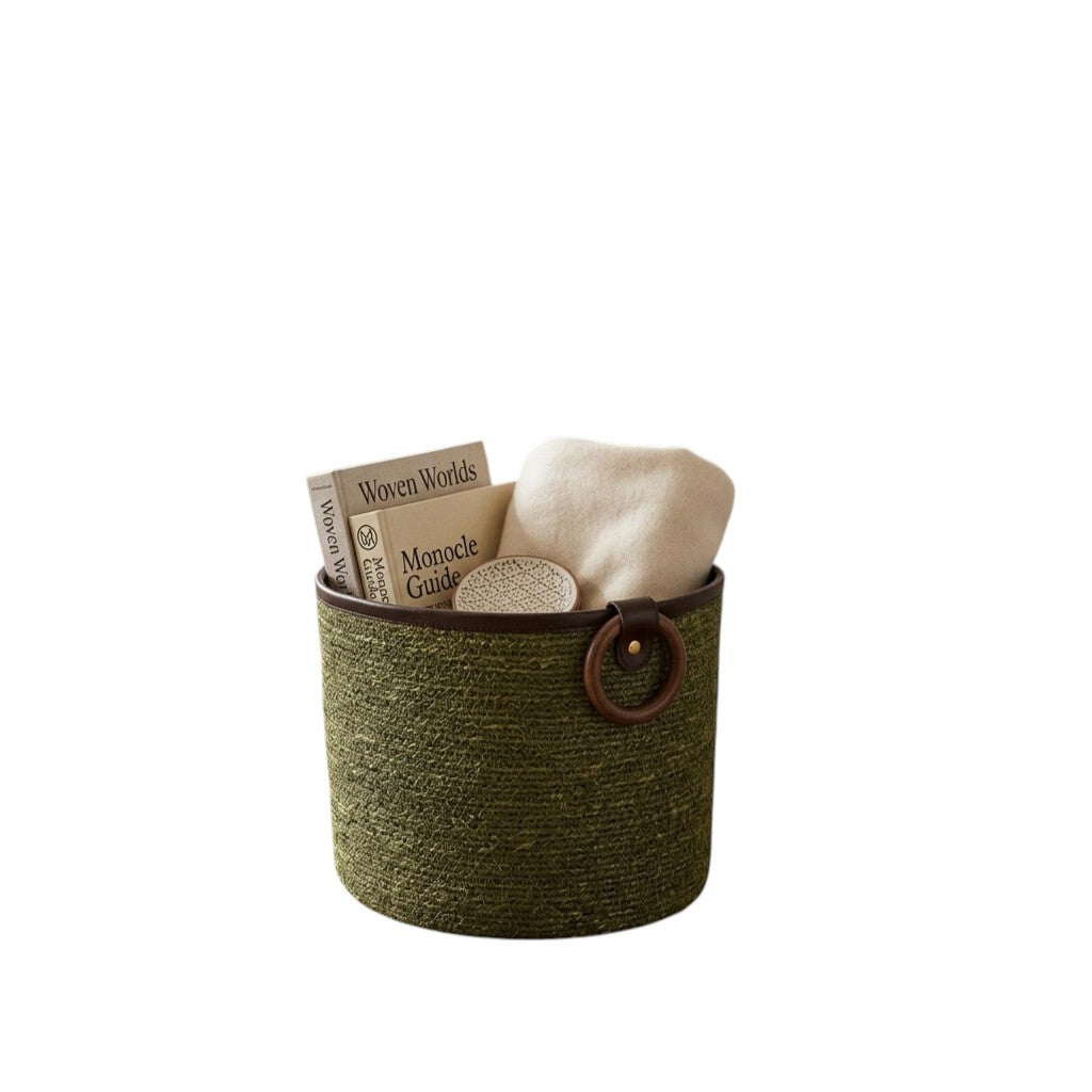  Green Woven Storage Basket with Ring Handle 