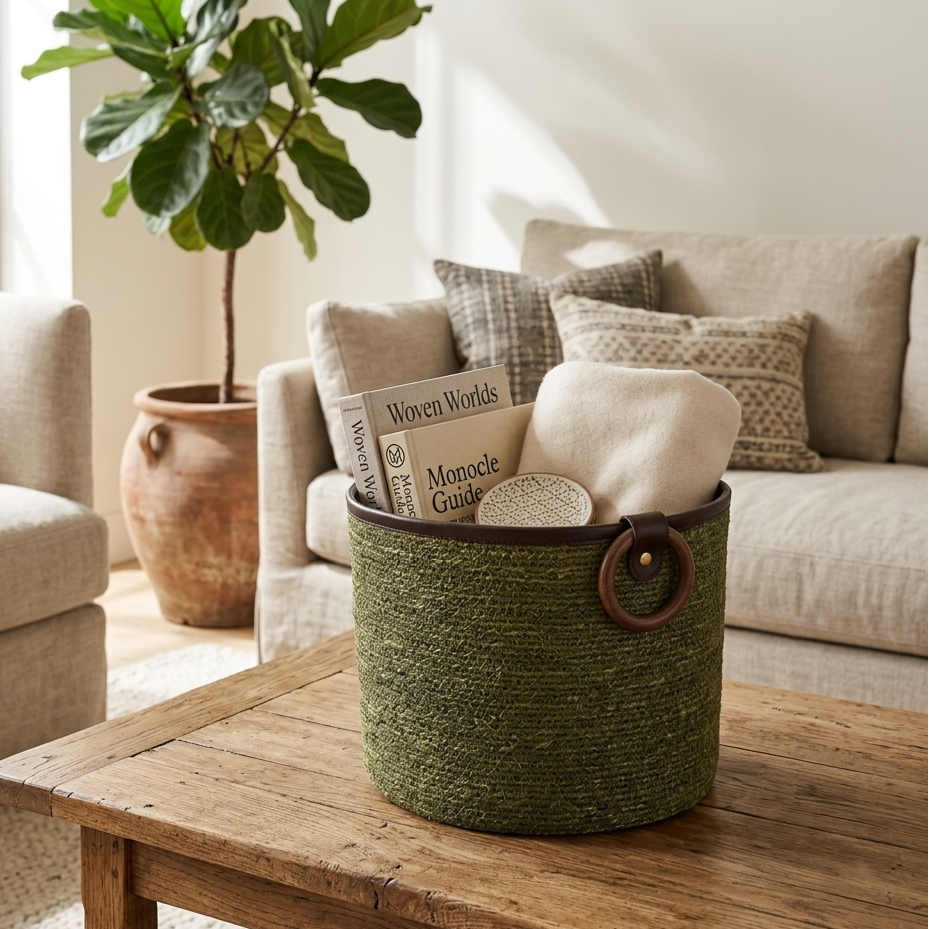  Green woven basket on a wooden coffee table in a cozy living room with beige sofas and a plant. 
