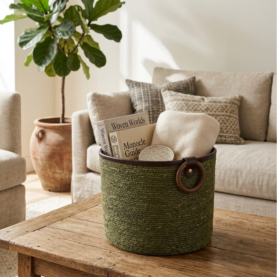  Green woven basket on a wooden coffee table in a cozy living room with beige sofas and a plant. 