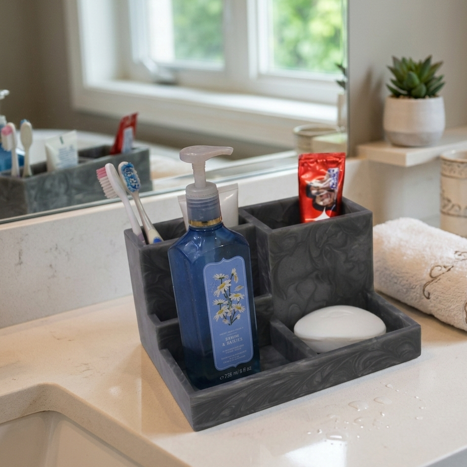  Bathroom counter with a gray caddy holding toiletries including a blue bottle, toothbrush, and soap. 