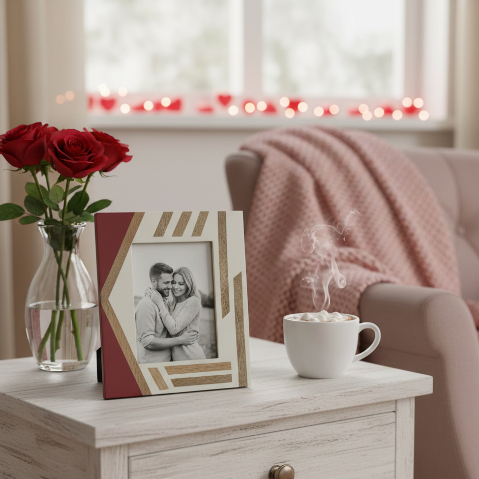  Cozy living room scene with a coffee cup, photo frame, and flowers on a table. 