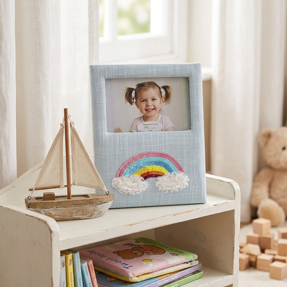  Children's room with a shelf displaying books, a toy boat, and a photo frame with a child's picture and rainbow decoration. 