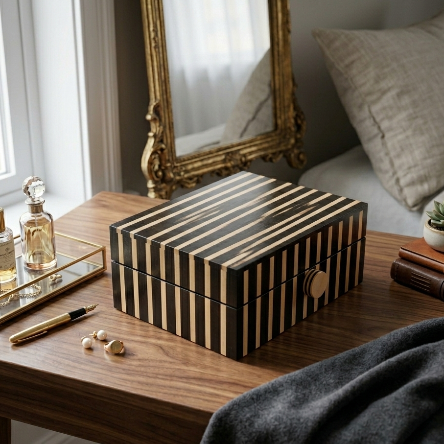  Decorative striped box on a wooden surface with a mirror and pillows in the background 