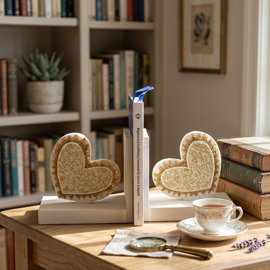  Heart-shaped objects on books with a cup of tea on a wooden table in a cozy room. 