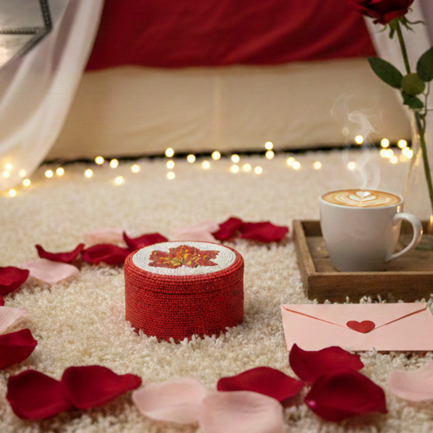  Romantic setting with a cup of coffee, rose petals, and a small gift box on a carpet. 
