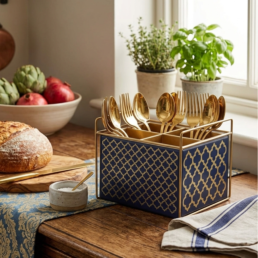  Designer Blue Glass Cutlery Holder With Four Partition 
