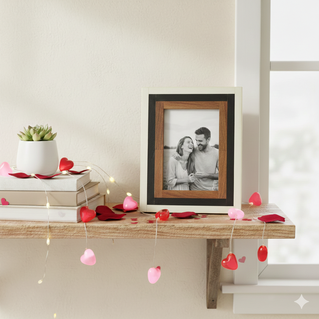  Framed photo of a couple on a shelf with heart decorations 