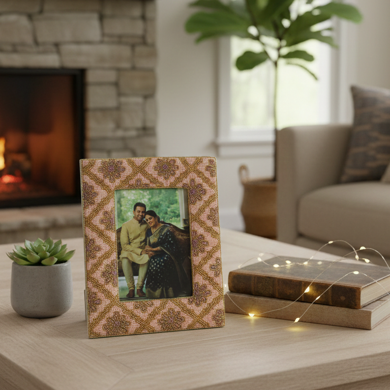  Decorative photo frame with a family picture on a coffee table in a cozy living room. 