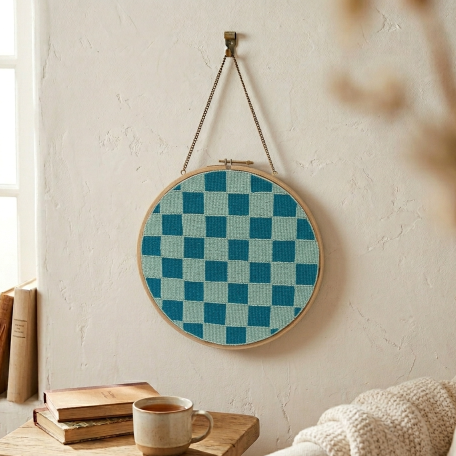  Decorative checkered wall art in a home setting with books and a mug on a table. 