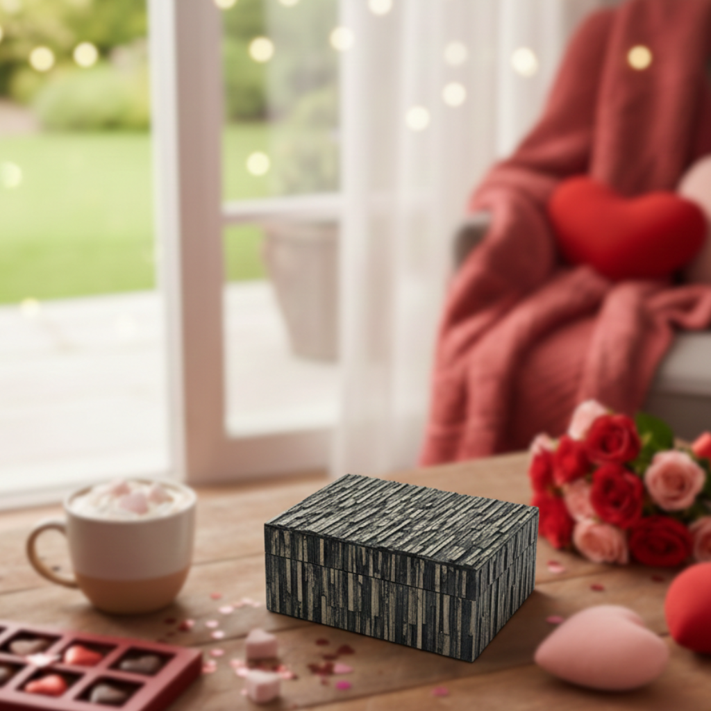  Decorative box on a table with a cup of hot chocolate, chocolates, and flowers in a cozy living room setting. 