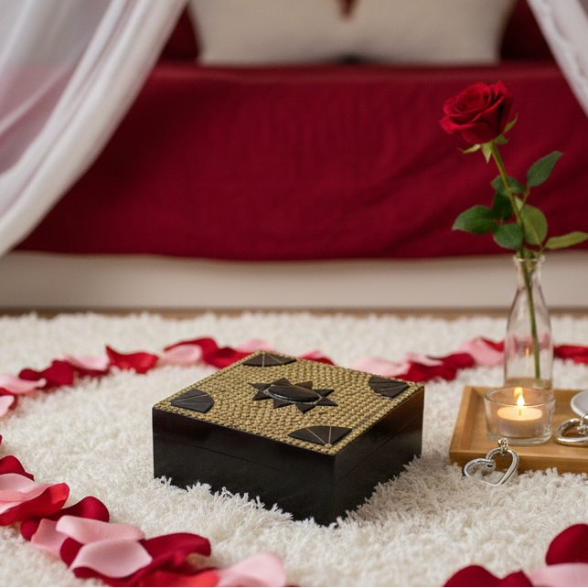  Romantic setup with a rose, coffee cup, and gift box on a heart-shaped arrangement of red and pink ribbons and petals, under a canopy with string lights. 