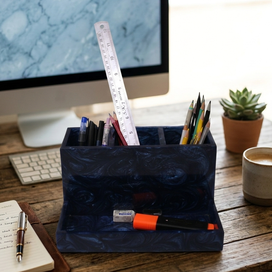  Navy blue marble-patterned desk organizer with stationery items on a wooden desk. 