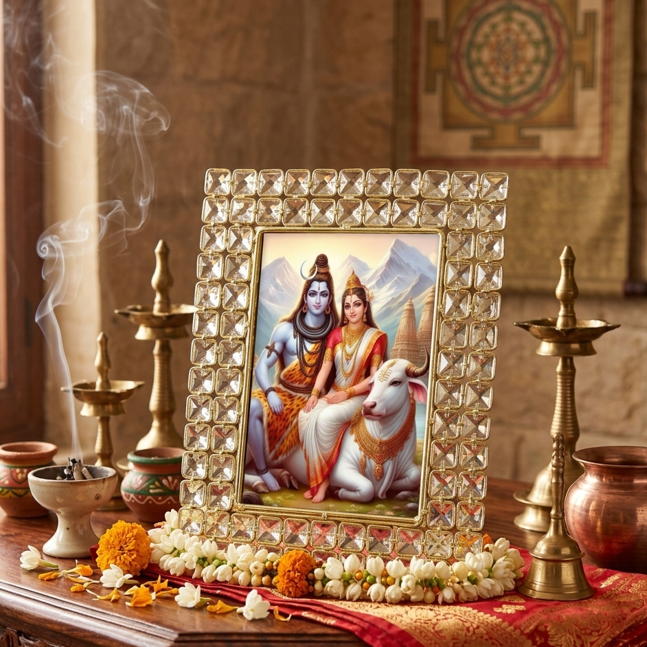  Decorative frame with religious artwork on a table with incense and flowers 
