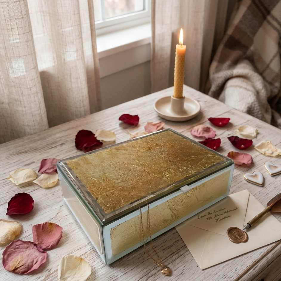 Luxury Gold Leaf & Mirrored Glass Jewelry Box