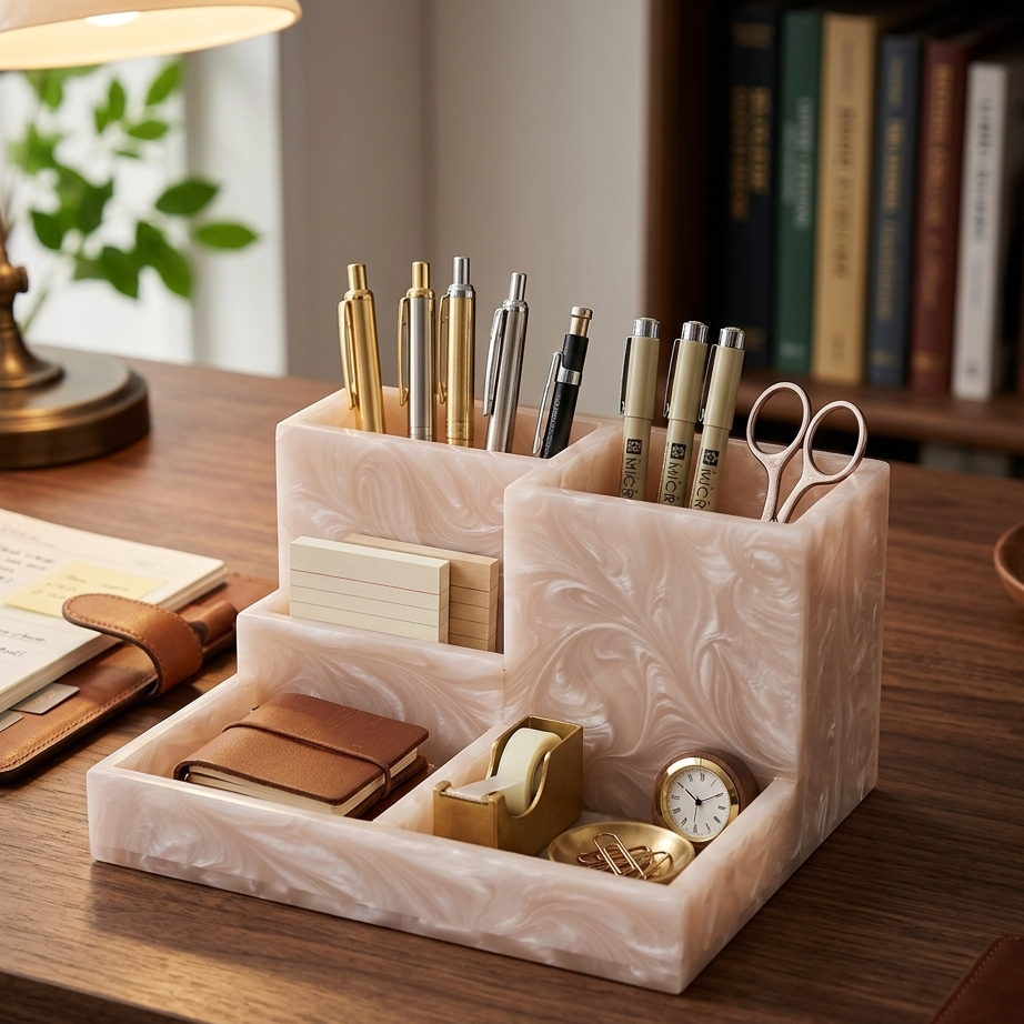  Marble desk organizer with stationery items on a wooden desk 