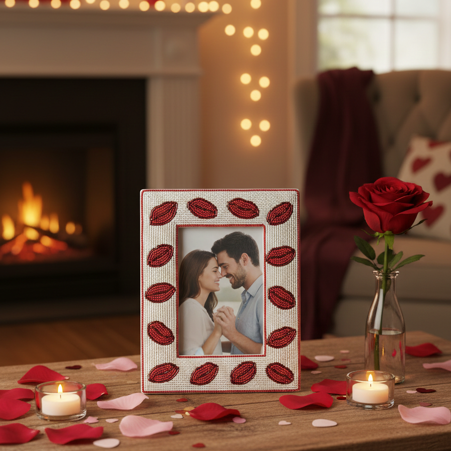  Decorative photo frame with red leaf pattern on a table with candles and rose petals, fireplace in the background. 