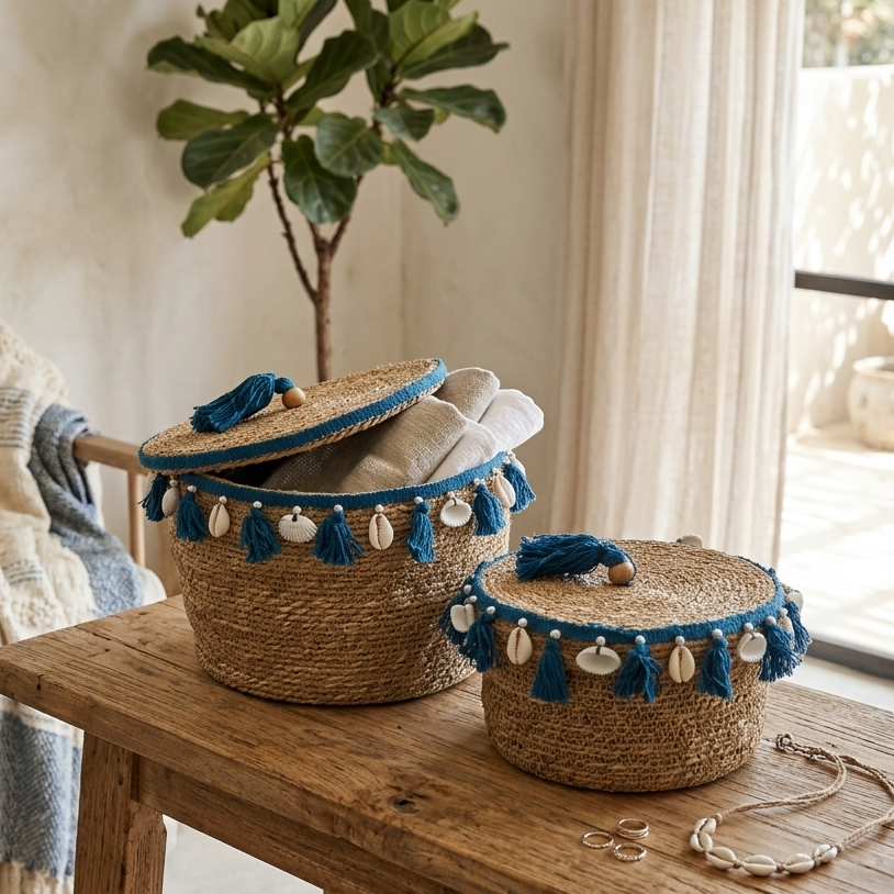  Woven baskets with decorative elements on a wooden table in a home setting. 