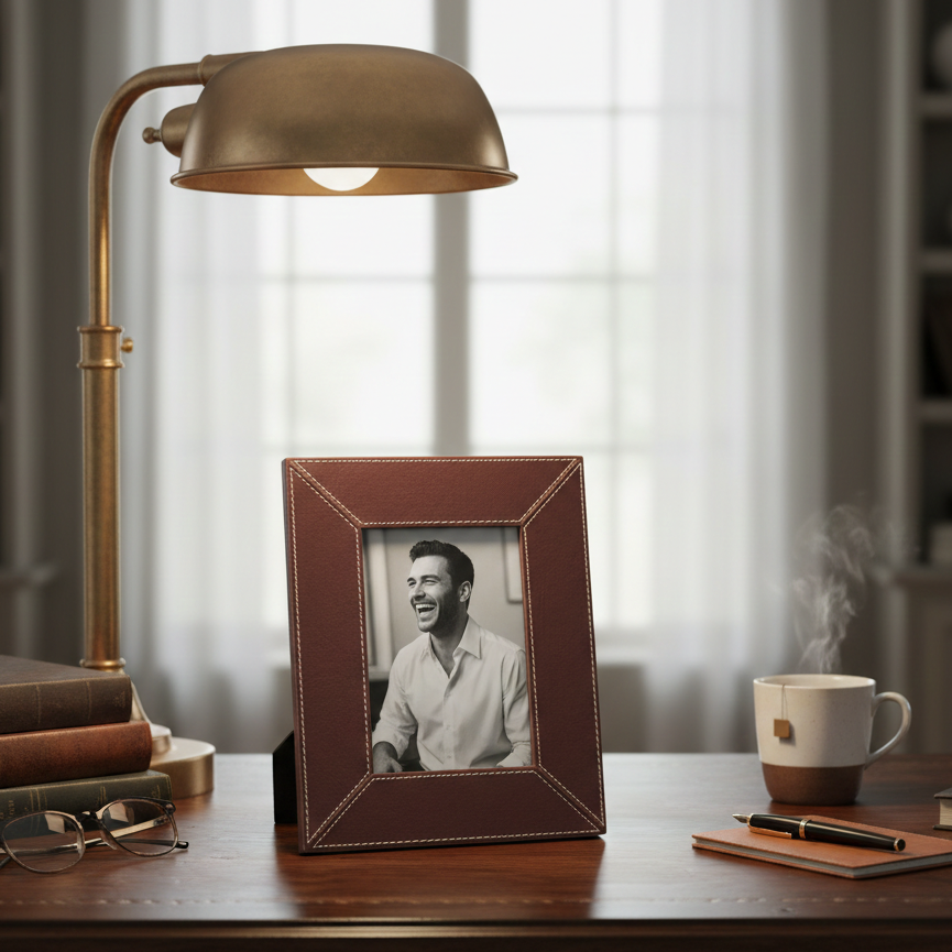  Vintage-style desk setup with a lamp, photo frame, books, and a mug. 