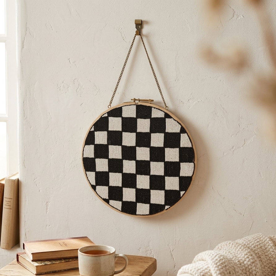  Decorative black and white checkered wall art hanging on a textured wall with a wooden side table and books. 