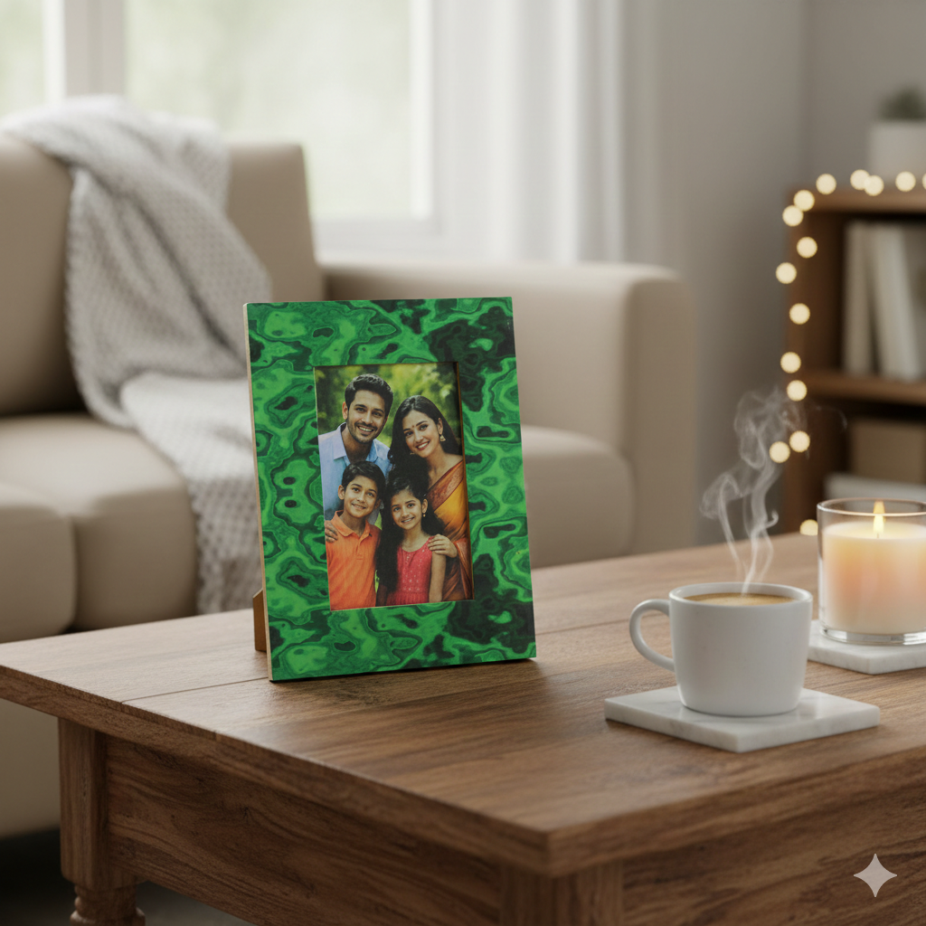 Handcrafted Malachite-Style Green Patterned Photo Frame