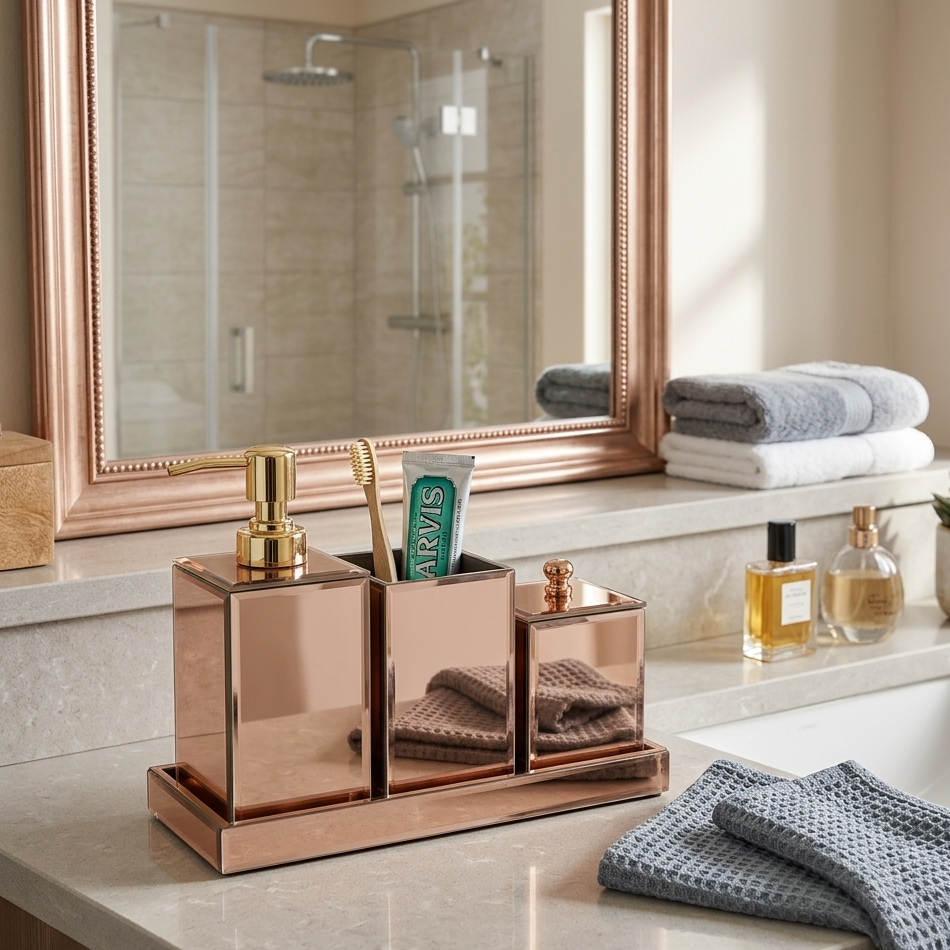  Bathroom counter with rose gold caddy, towels, and toiletries. 