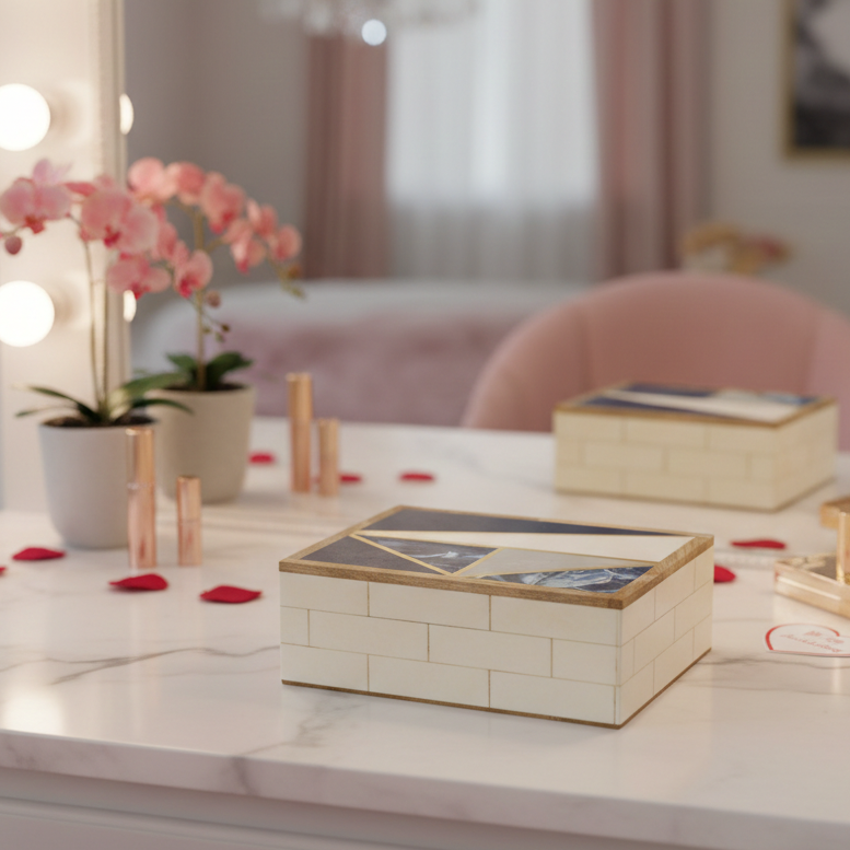 Geometric Azure & Alabaster Inlay Keepsake Box