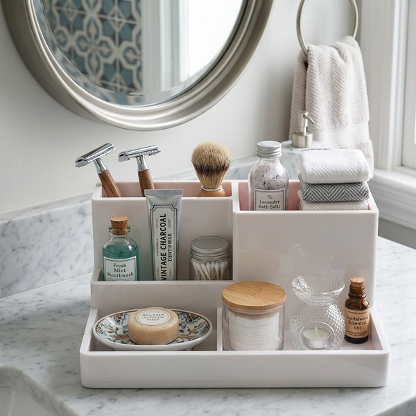 Bathroom counter with organized storage caddy containing toiletries and personal care items.
