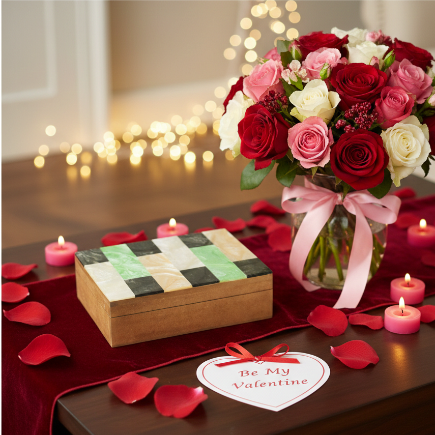  Valentine's Day arrangement with flowers, candles, and a heart-shaped card on a table. 