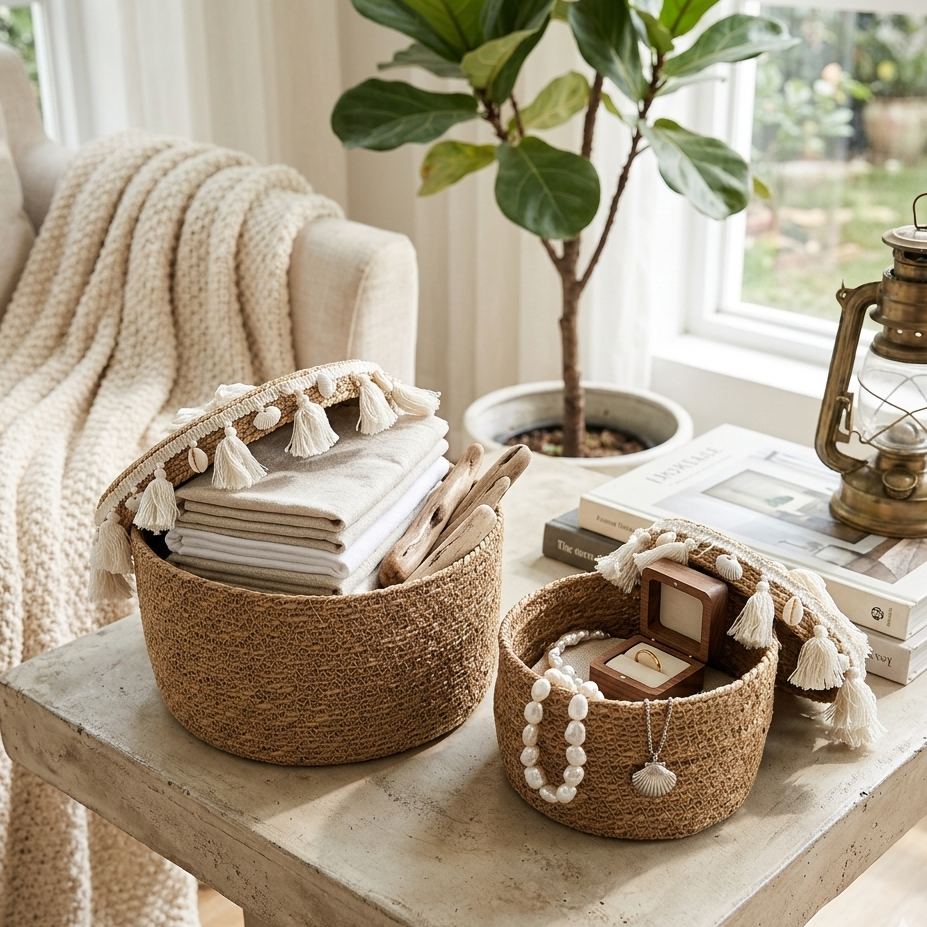 Woven baskets on a wooden table with decorative items in a cozy room. 