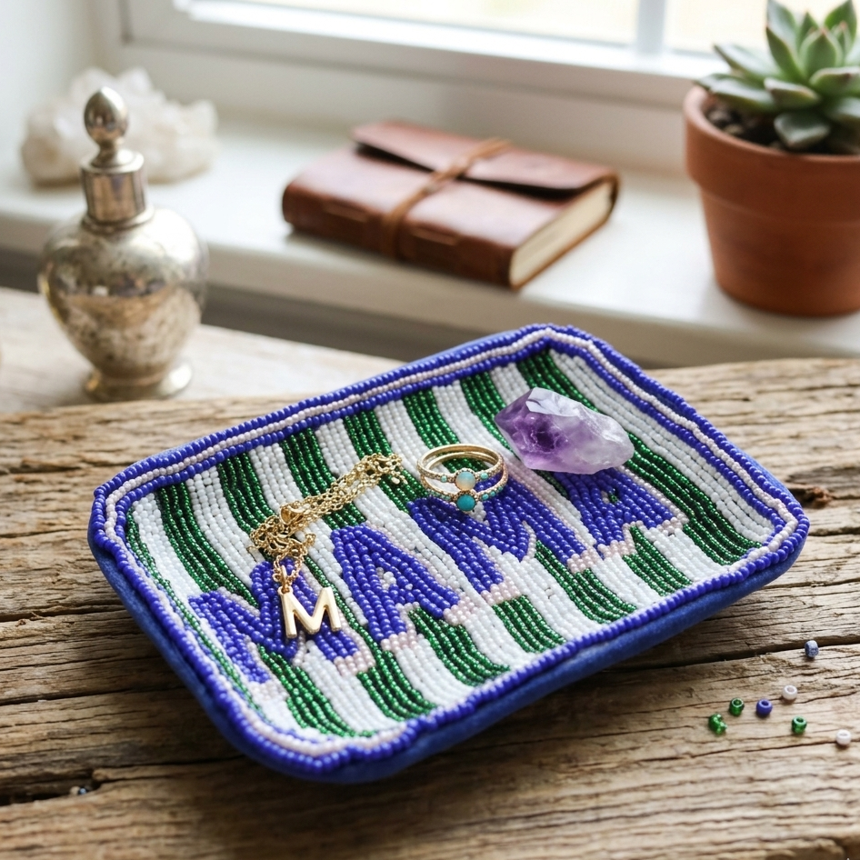 Hand-Beaded "MAMA" Striped Trinket Tray