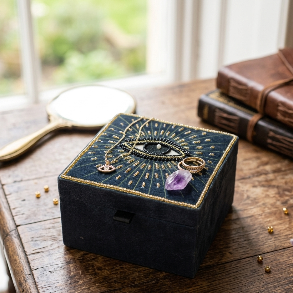Hand-Beaded Evil Eye Velvet Jewelry Box