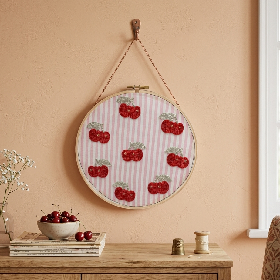  Embroidery hoop with cherry pattern hanging on a wall above a wooden table. 
