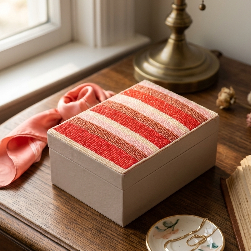 Red & Pink Striped Beaded Box