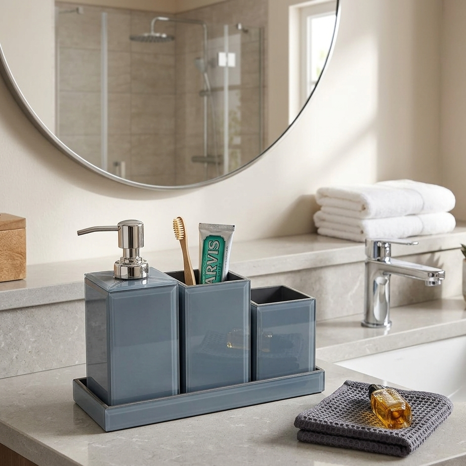  Bathroom counter with gray caddy, soap dispenser, toothbrush holder, and towels. 