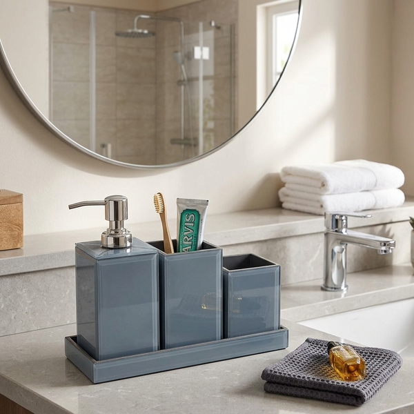 Bathroom counter with gray caddy, soap dispenser, toothbrush holder, and towels.