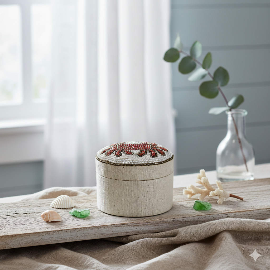  Coastal Artisan Trinket Box with Metallic Crab Motif 