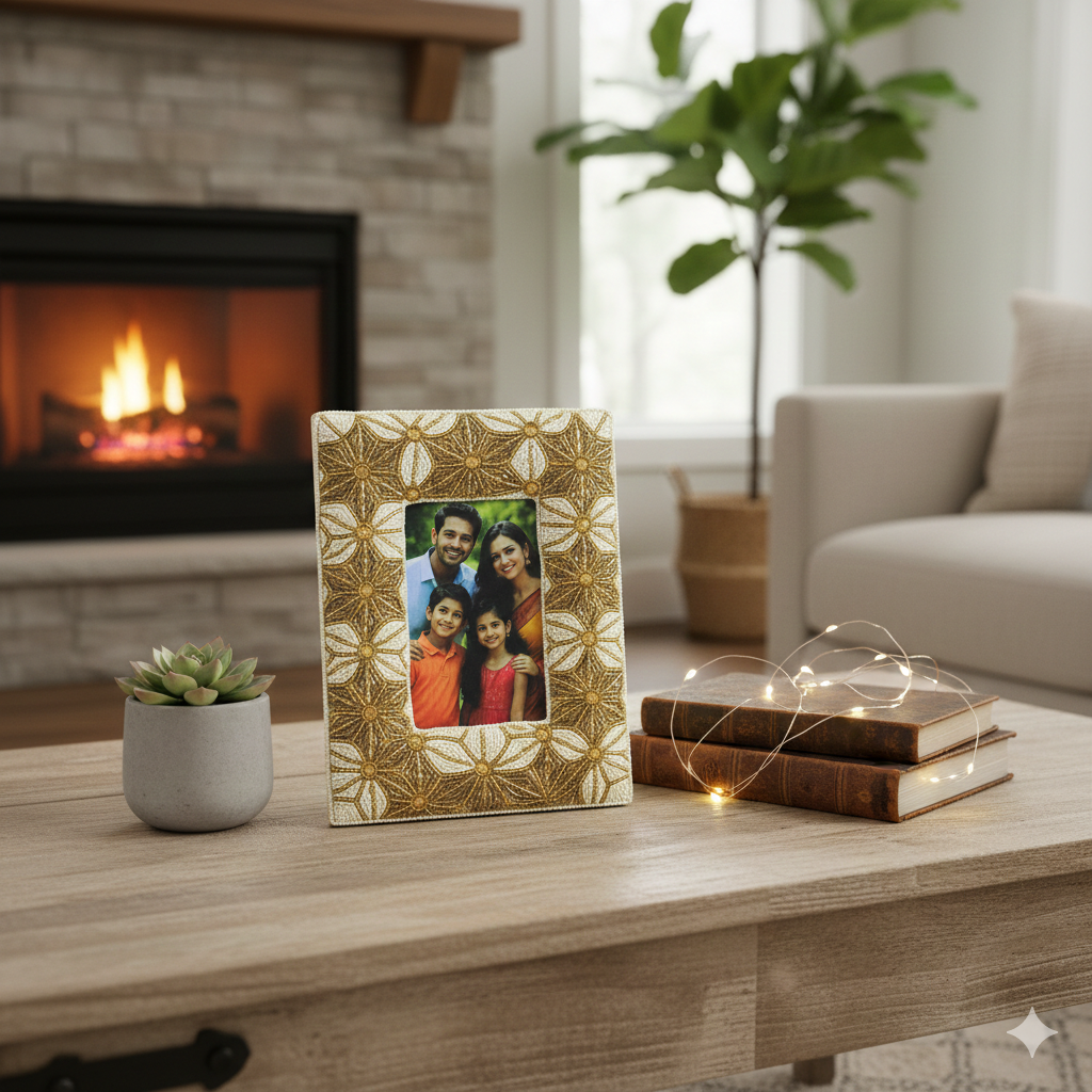  Decorative photo frame with family picture on a coffee table in a cozy living room. 