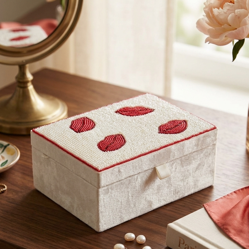 Beaded Crimson Lips Jewellery Box