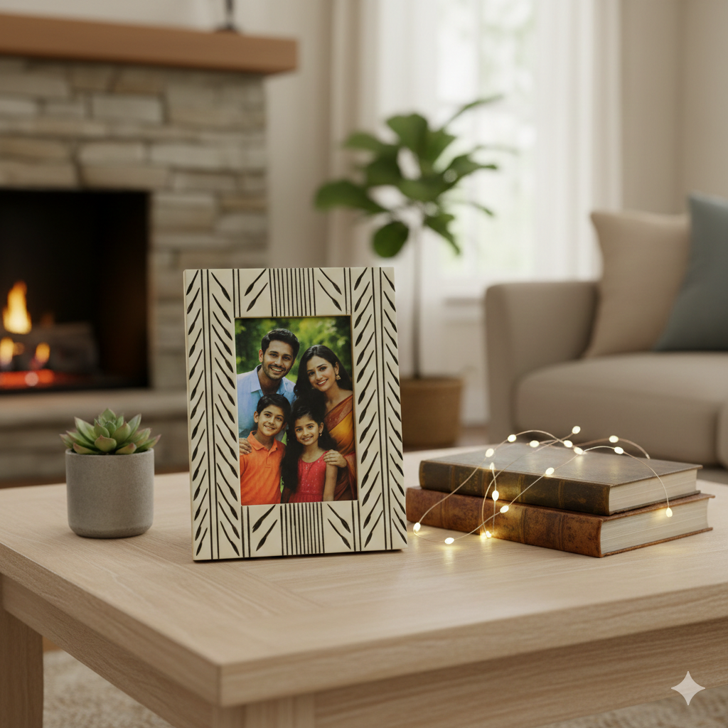  Decorative photo frame with a family picture on a coffee table in a cozy living room. 