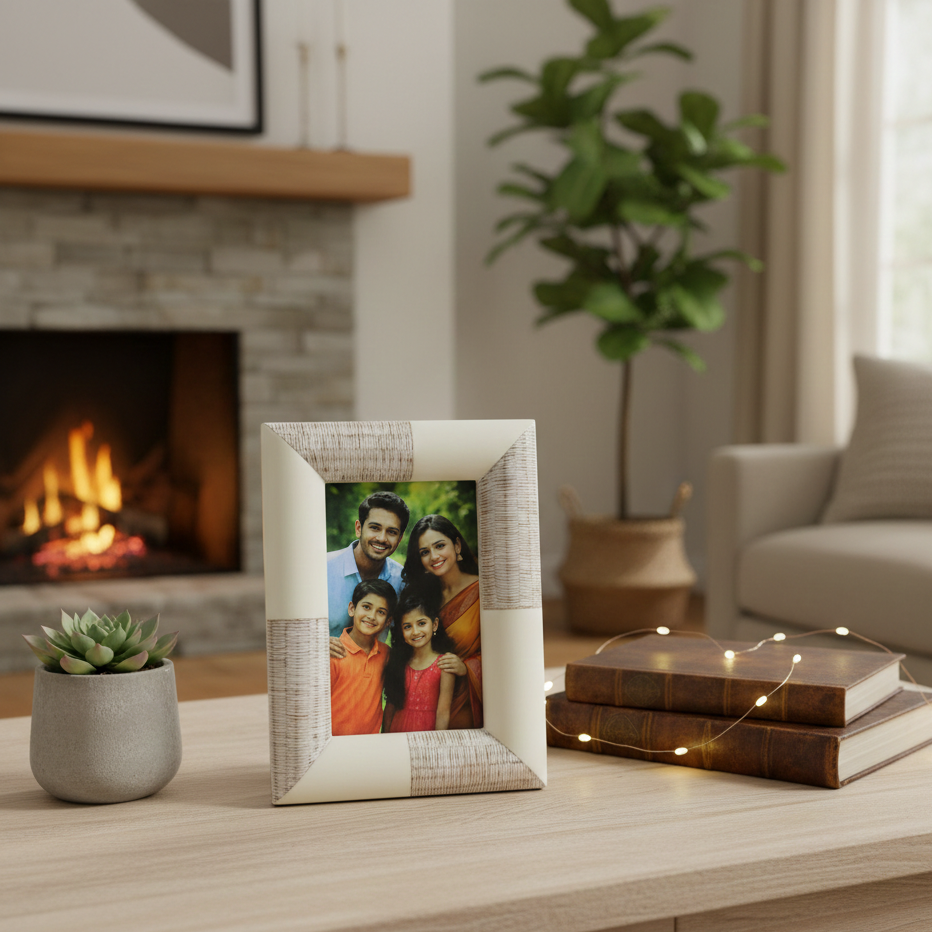 Artisan Cream Resin & Ribbed Metal Inlay Photo Frame