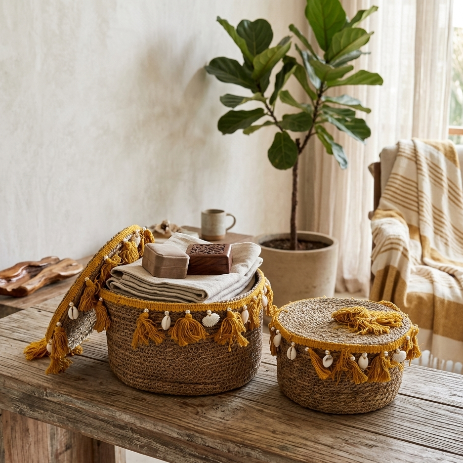  Woven baskets with decorative tassels on a wooden surface, with a plant and blanket in the background. 