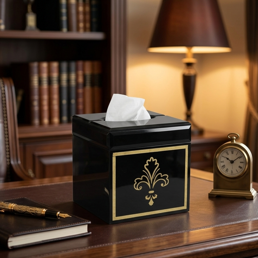 Premium Lilly Design Black Glass with Gold Work Square Tissue Box for Bathrooms